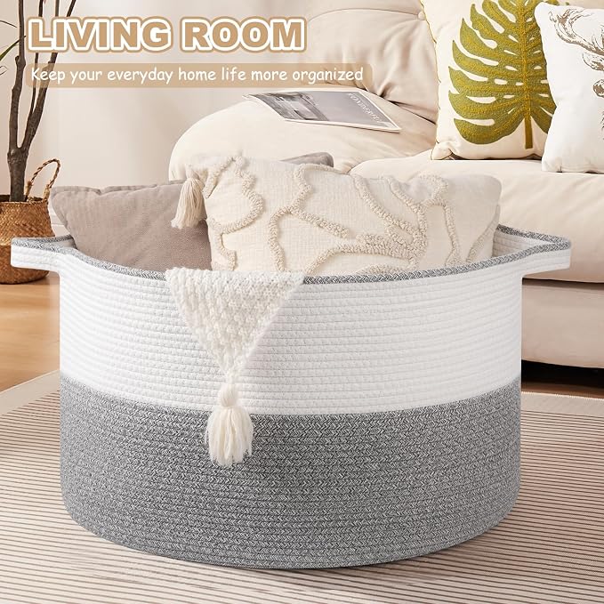 OIASKET XXL Large Blanket Basket with Handles, 105L Woven Storage Basket for Living Room, Cotton Rope Baby Toy Storage for Clothes, Pillows, Towels-Grey & White