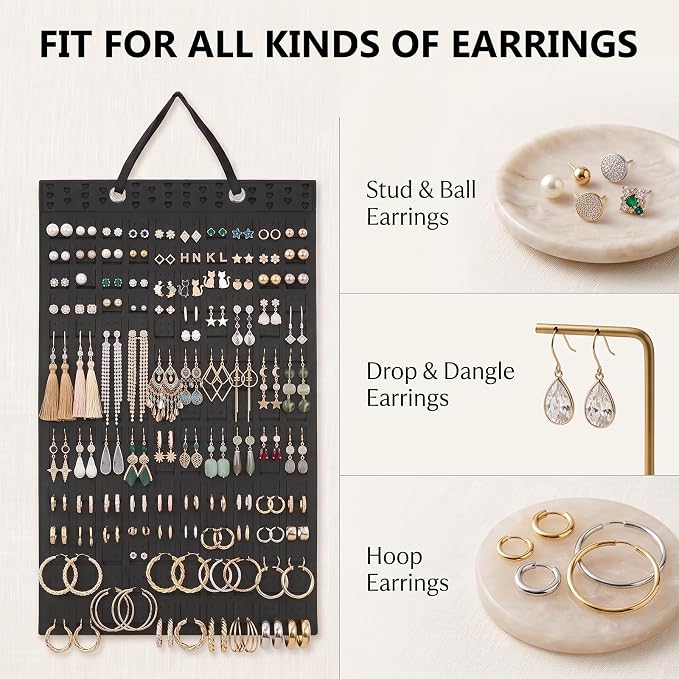 Hanging Jewelry Organizer & Drawer Trays Set - Double-Sided Wall Hanger for Necklaces & Earrings, 3 Stackable Velvet Storage Inserts for Rings & Bracelets - 5 Pack