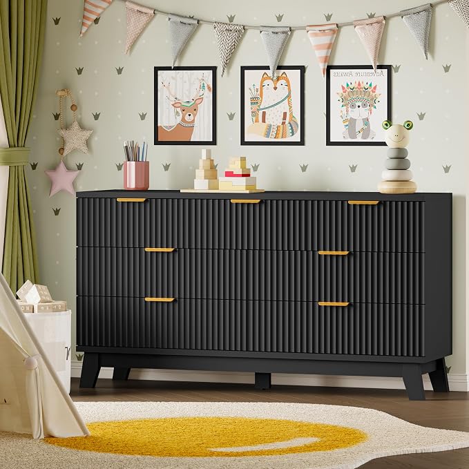 BORNOON Fluted 7 Drawer Dresser, 47.2" Wide Modern Boho Chest of Drawers, Wooden Storage Dresser TV Stand for Bedroom, Living Room, Closet, Hallway, Curved Profile Design