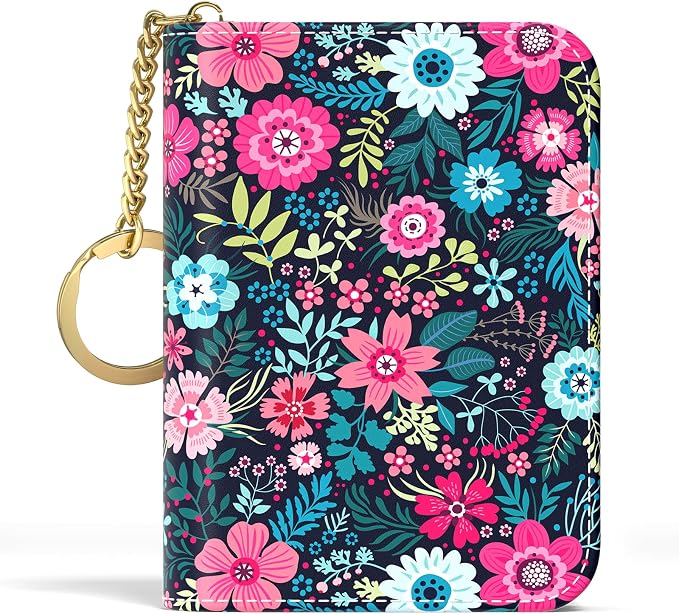 Aiawoxc Credit Card Holder, Small RFID Wallet Slim Leather Card Organizer Case with Zipper and Keychain, Elegant Flowers