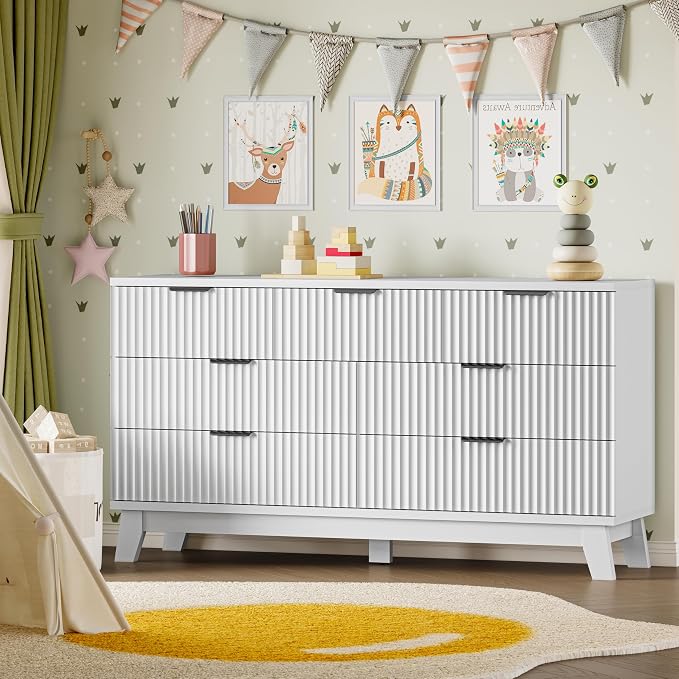 BORNOON 57" Long Dresser for Bedroom, 7-Drawer Fluted Chest, Wide Wood Storage Dresser with Metal Slides and Handles, Stable Base, Modern Clothes Organizer for Primary Suite, Guest Room, Nursery