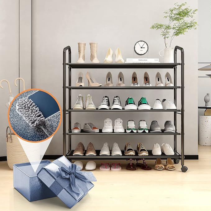 5 Tier Black Metal Shoe Rack Organizer Shoe Stand,Sturdy Rolling Shoe Shelves Storage Racks Organizer for Garage Entryway Closet Floor,with Wheels,31 Inches Wide,Fabric Shelves