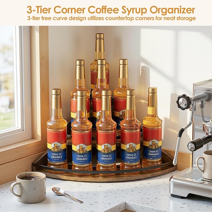 Nuovoware Coffee Syrup Organizer, 3-Tier Corner Syrup Bottles Holder | Guardrail and Non-Slip Mat, Tree-Shaped Countertop Coffee Bar Organizer for Coffee Bar, Home Bar, Brown+Black