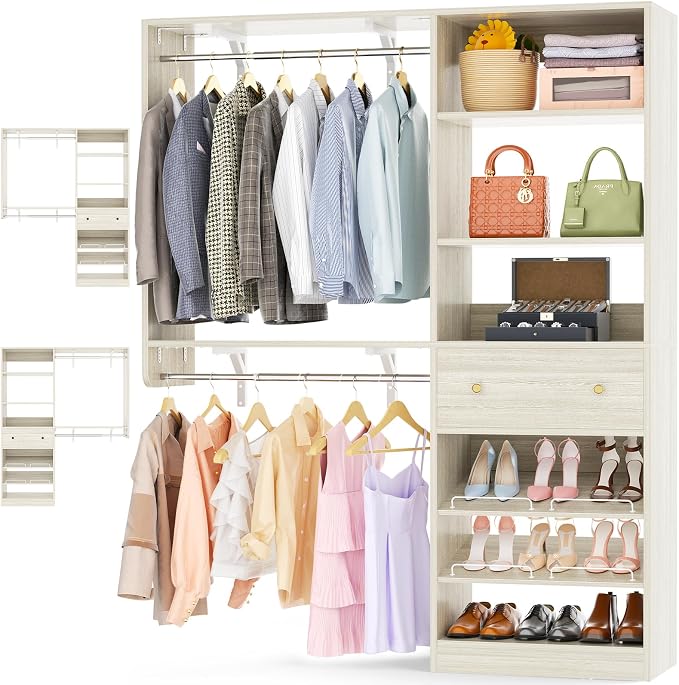 Closet System with Drawer - Reversible 5FT Wood Closet Organizer System with 2 Hanging Rods and Adjustable Shelf, Walk In Closet Organizers with Shoe Rack, Built-In Garment Rack, White Oak