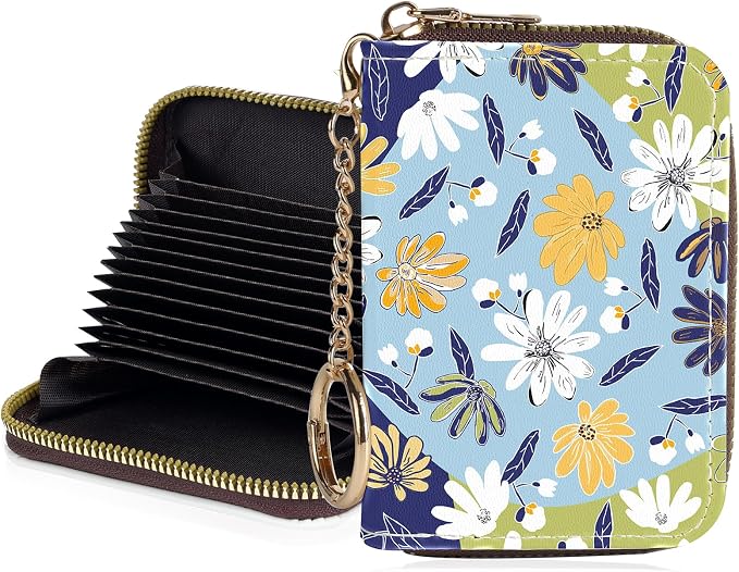 Credit Card Holder for Women,Small Rfid Wallet with Keychain Zipper,Cute PU Leather Card Case Wallet，Accordion Credit Card Wallets Gift,Yellowish-white floral print