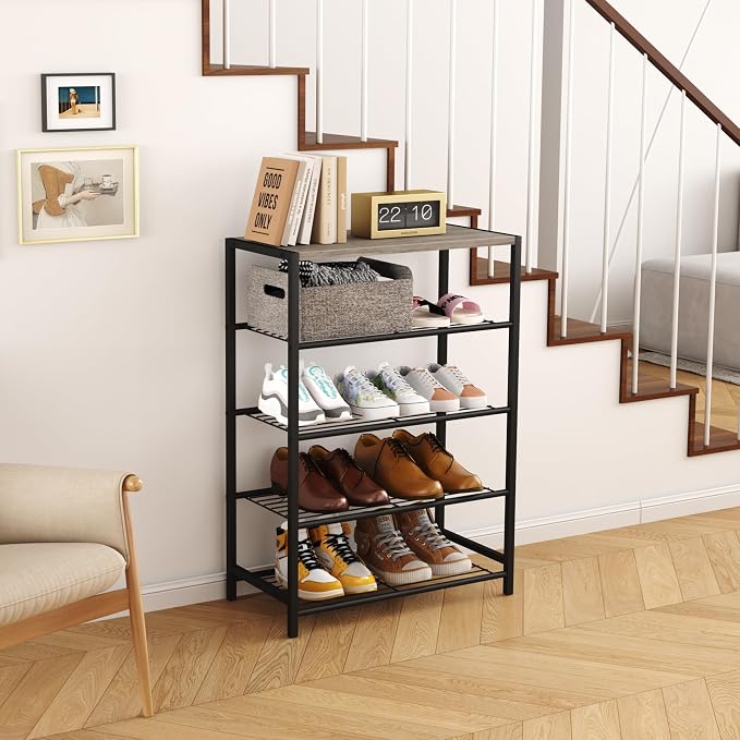 HOMEFORT 5 Tiers Shoe Rack Organizer,23" Shoe Storage Shelf for Closet, Shoe Rack for Entryway, Each Tier Fits 3 Pairs, Shoe Stand with Metal Shelves and MDF Top Board, Washed Gray