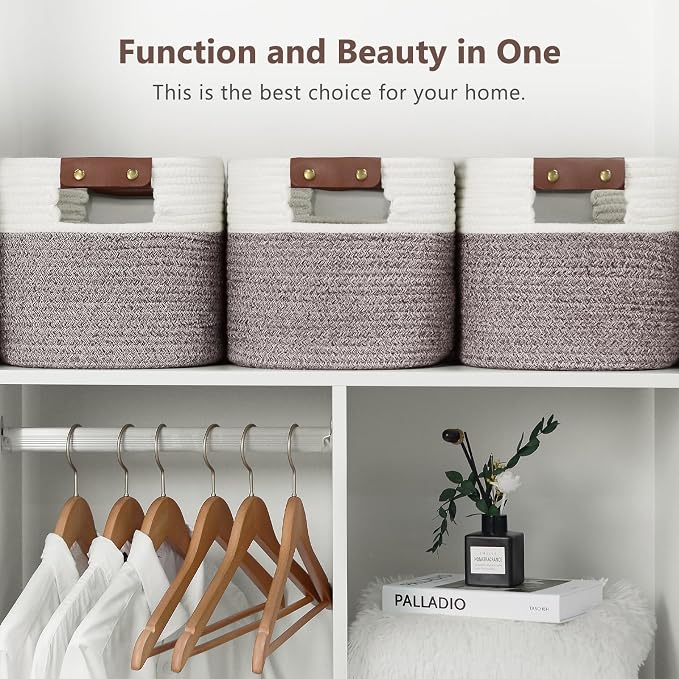 ECDYQXVU 15x10x9 Woven Cotton Rope Storage Basket, Leather Handles 3 Pack | Foldable Design, Sturdy PU Handles, Easy to Clean Organizer for Living Room, Closet, Shelves, Bedroom, Laundry, Clothes