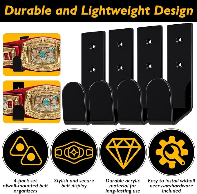 4 Pcs Wrestling Championship Belt Wall Display Holder Belt Horizontal Wall Mount Display Organizer Secure Rack for Wrestling Gifts and Awards