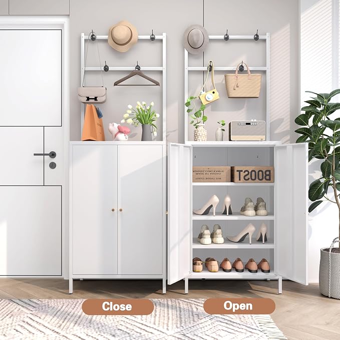 Tall Metal Shoe Cabinet with Coat Rack,Shoe Storage Cabinet with Doors,Hanging Bar,Hooks for Entryway, Hallway, and Living Room,2in1 Hall Tree with 3 Adjustable (Cabinet with Rack, White)