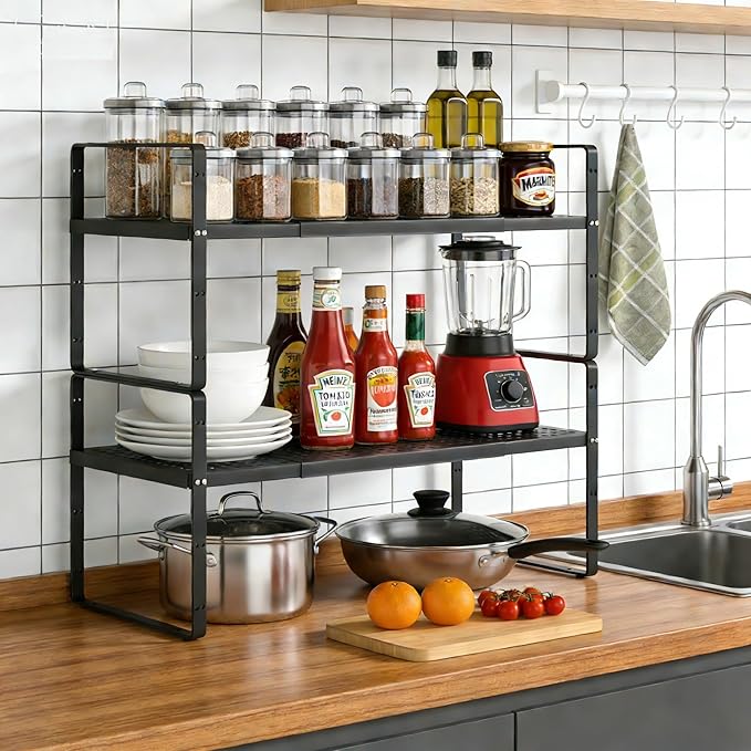 Expandable Cabinet Organizer Shelf - Adjustable Width (16.5”-27.1”), Stackable, Heavy Duty 80 lbs, for Kitchen Pantry, Countertop, Office, Spice Rack - Black, Large Size, 1 Pack