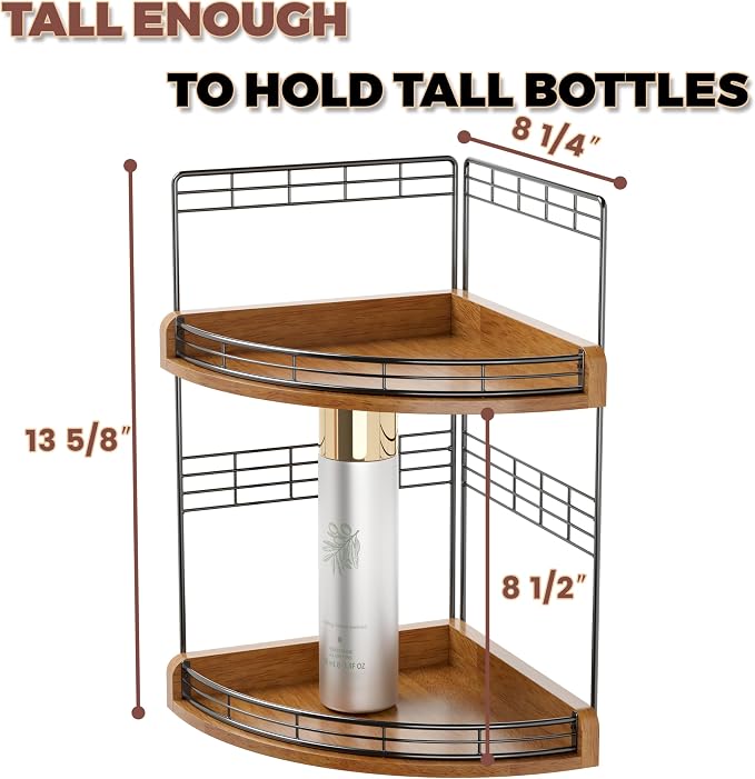 Bathroom Countertop Corner Organizer for Small Spaces, 2-Tier Counter Shelf | Oak Wood & Iron, Fan-Shaped Counter Shelf for Sink & Vanity Corners, Skincare, Toiletries, Compact Vertical Storage, Walnut