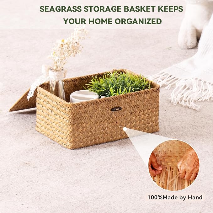 Nonam Storage Basket with Lid, Natural Seagrass Bin with Lid Set of 3, Shelf Baskets Multipurpose Container for Boho Decoration, Rectangular Household Storage Boxes for Home Organization-Natural