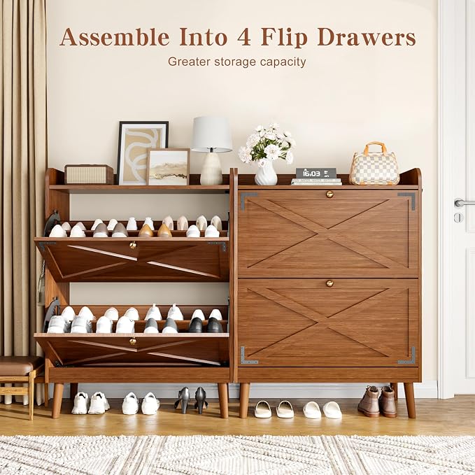 Shoe Storage Cabinet with 2 Flip Drawers & Adjustable Shelves, Freestanding Shoe Cabinet with Side Hooks Narrow Shoe Rack Cabinet for Entryway
