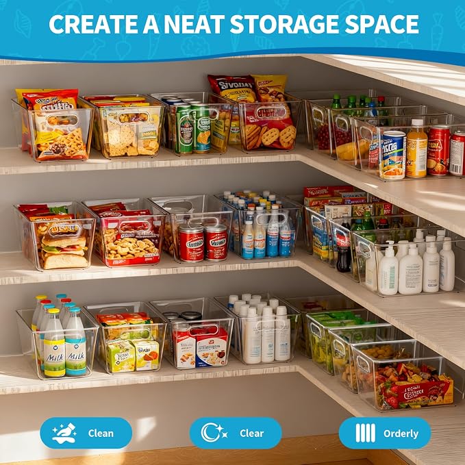 Clear Fridge Organizer with Handles & Lids, 6 Pack Large 11.5×7.5×6 Inch | Stackable Clear storage bins with handles, food organizer basket for kitchen, fridge, freezer