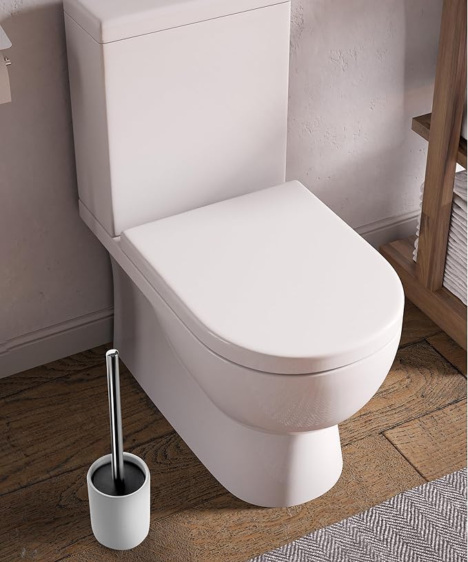 Ceramic Toilet Brush & Holder Set - Freestanding Deep-Cleaning Toilet Bowl Cleaner Brush, Stainless Steel Handle, Small & Sturdy for Storage, Easy to Clean, Non-Scratching