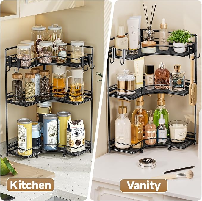 VITVITI 3 Tier Corner Bathroom Counter Organizer, Bathroom Countertop Organizer Storage for Sink, Metal Mesh Makeup Organizer for Vanity Countertop Kitchen with Hooks, Black