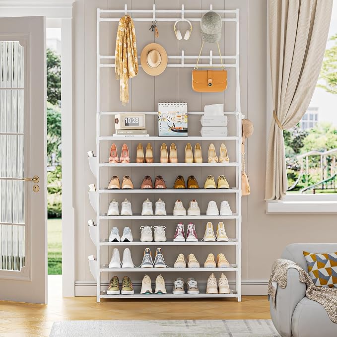 OYREL Shoe Rack 7 Tier Sturdy Shoe Racks Organizer for Closet | 28-35 Pairs Large Capacity Shoe Storage Rack with Multifunctional 5 Hooks and Side Pocket for Entrance Entryway