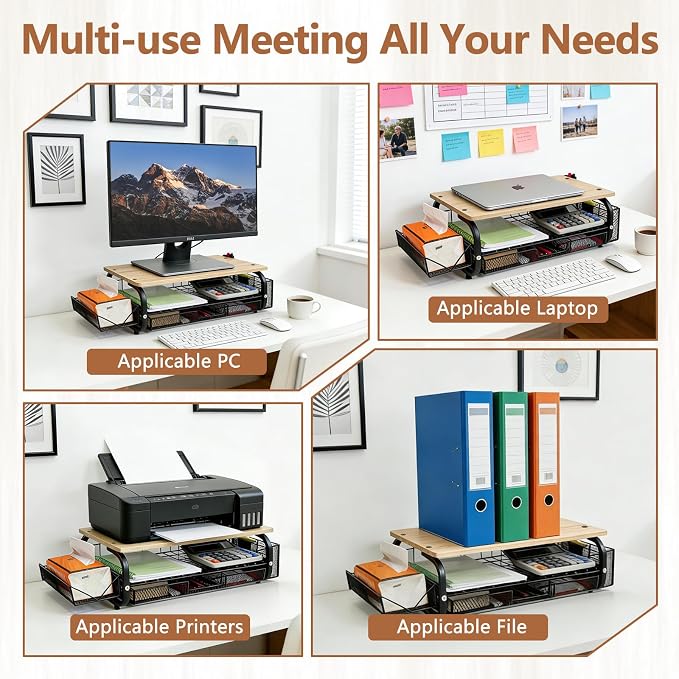 Desk Organizers and Accessories Monitor Riser, Monitor Stand with Drawer (2-Tier Drawers) with Large Side Storage Rack & Cable Management,66LBS/30KG, Office Organization, Oak