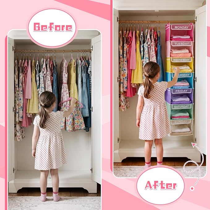 Amylove 2 Pcs 7 Shelf Weekly Clothes Organizer for Kids Hanging Closet Organizer 11. 8 x 11. 8 x 50 Inch Daily Activity Kids Clothes Storage Drawers Cube Drawers Closet Hanging Shelves (Pastel Color)