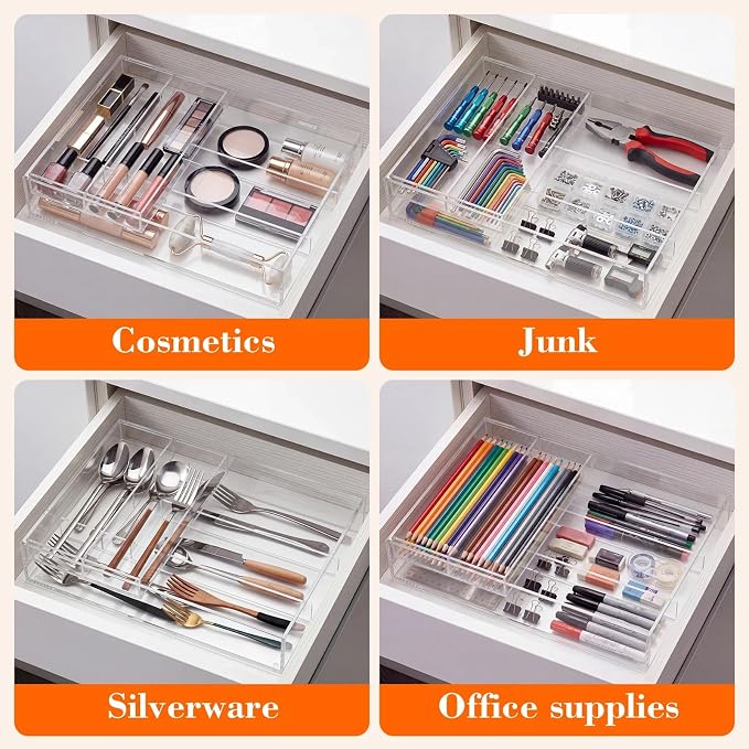 2 Layer Acrylic Deep Kitchen Utensil Drawer Organizer for Flatware Utensils | Clear Silverware Drawer Organizer with Removable Flatware Tray, Kitchen Utensil Tray for Cutlery, Chopsticks, Spoons, Forks
