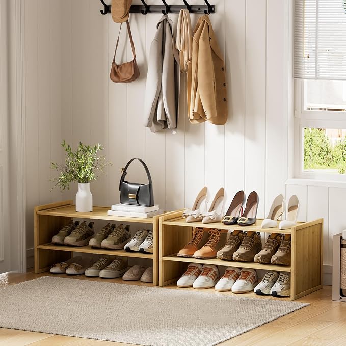 2 Tier Bamboo Shoe Rack, Compact Wood Shelf for Closet | Fits small corners. 6.7in height holds sneakers & heels. Multi-use for entryway, bathroom, kitchen.