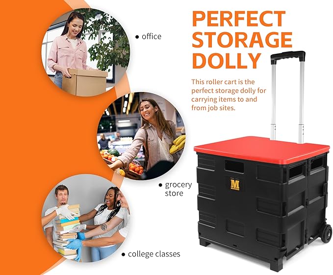 MaxWorks 50919 Portable Rolling Folding Dolly – Black Collapsible Utility Cart with Durable Wheels, Extra Storage & Easy-Fold Design for Shopping, Teaching, and Office Use