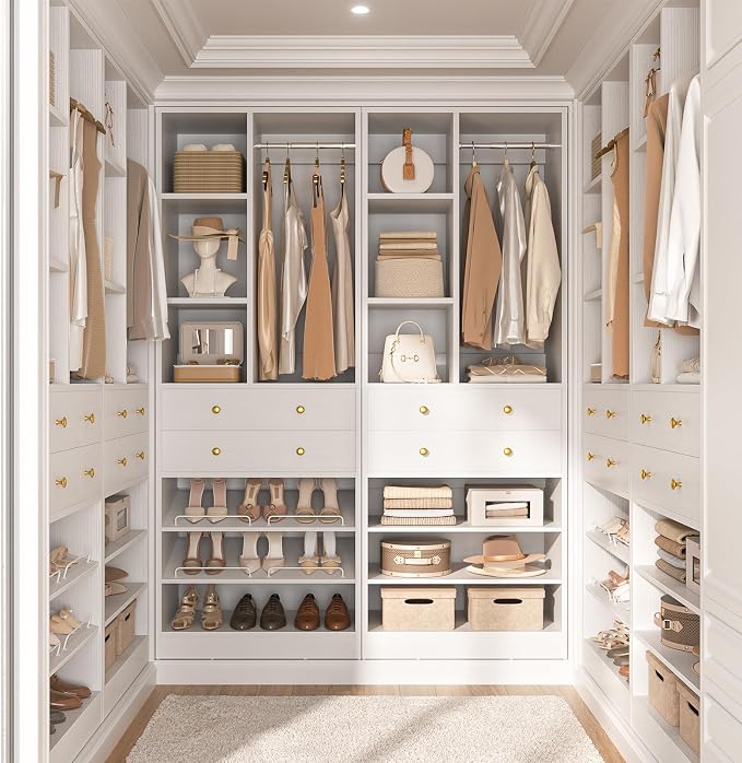 Besiost Closet System, 55.6"/4.7 FT Closet Organizer System with Drawers and Shelves, Walk-in Closets Systems for Small Closets, Free Standing Reach in Closet Tower, Load 1200+LBS, White 2 Pack