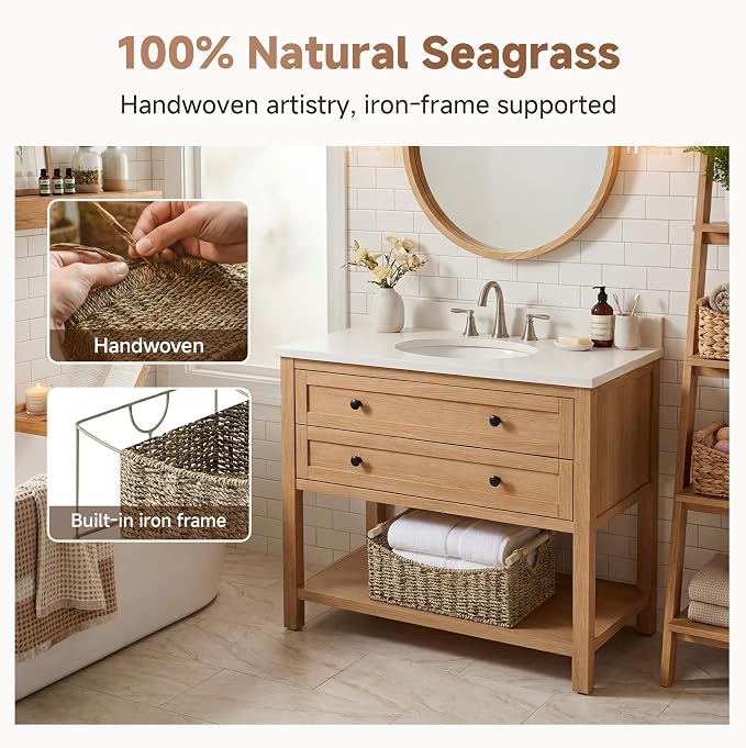 StorageWorks Large Wicker Baskets for Organizing, Seagrass Storage Baskets with Handles, Woven Baskets for Pantry Storage, 15" x 11" x 6¾", 1-Pack