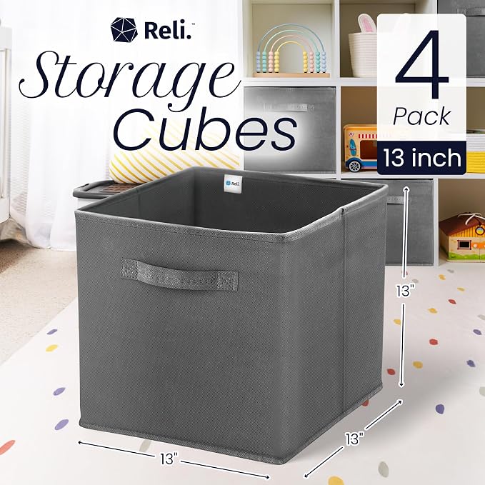 Reli. 13x13x13 Storage Cube Bins (4 Pack) | Dark Gray | Fabric Cube Storage Organizer | 13x13 Collapsible, Foldable Fabric Cubby Box (Square) | Bedroom, Office, Home Organization