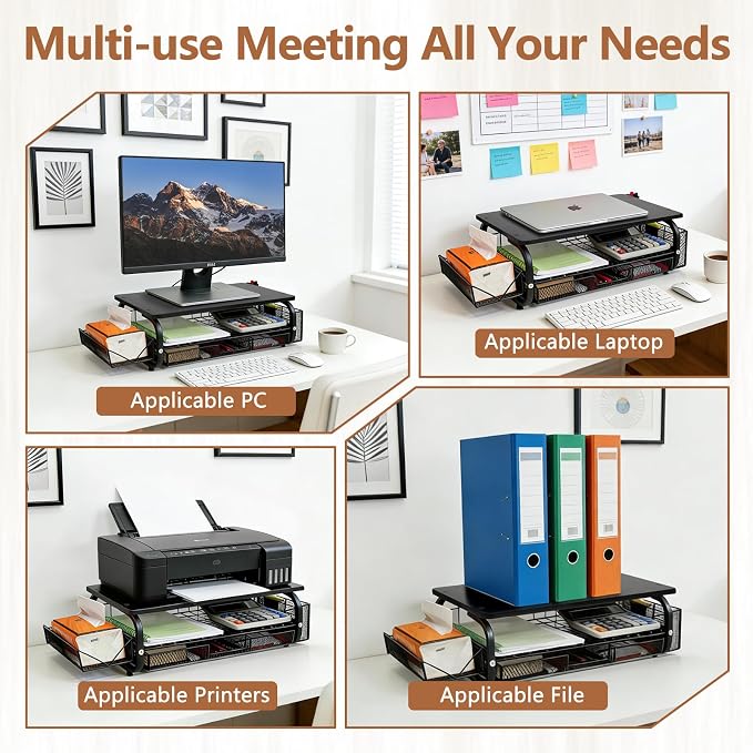 Desk Organizers and Accessories Monitor Riser, Monitor Stand with Drawer (2-Tier Drawers) with Large Side Storage Rack & Cable Management,66LBS/30KG, Office Organization, Black