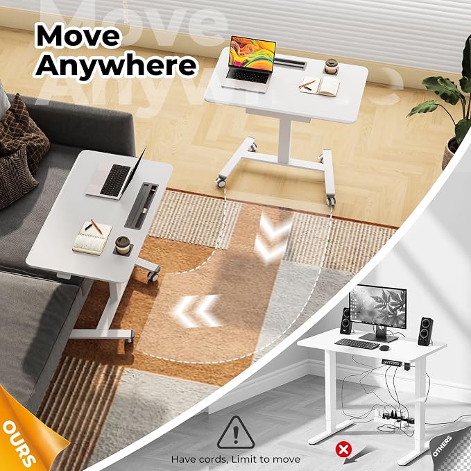40"×24" Mobile Standing Desk with Drawer, Cup Holder & Hooks | Height Adjustable Portable Desk on Wheels, Small Computer Desk, Rolling Laptop Cart for Home Office, Classroom, White