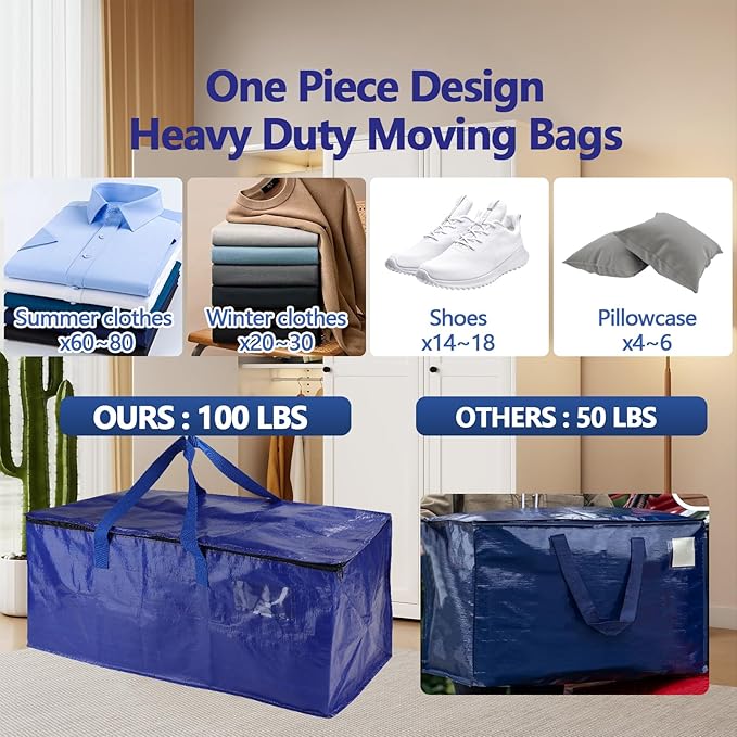 8 Pack Real 100lb Capacity Heavy Duty Moving Bags with Strong Zippers and Reinforced Handles, Extra Large Storage Totes for Packing & Moving Storing, Space Saving Alternative to Moving Boxes-95L,Blue