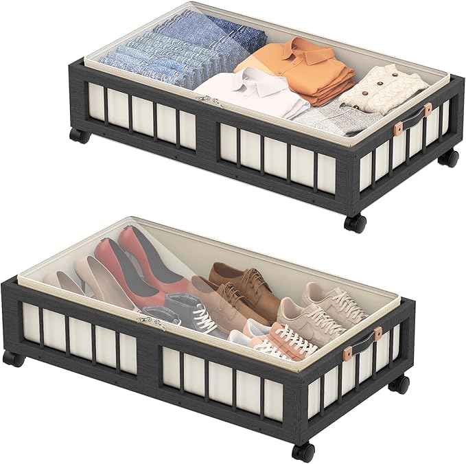 efluky 2-Pack Bamboo Under Bed Storage Containers with Wheels, Under Bed Clothes Storage Basket with Large Dust Bag, Rolling UnderBed Storage for Bedroom, Dorm and Basement, Black, (60 x 42 CM