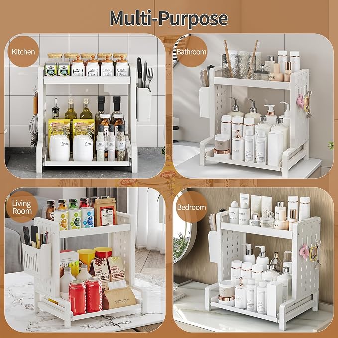 Spice Rack with Pull Out Drawer Counter Storage Organizer Metal 2-Tier | Rust-Resistant Holds 20 lbs Saves 50% Counter Space with Hooks & Hanging Basket for Kitchen Coffee Bar Bathroom Apartment
