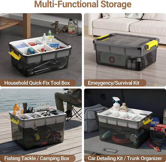 20Qt & 40Qt Stackable Storage Bins with Lids & Trays, Clear Plastic Latching Boxes Organizers with Dividers Portable Containers for Arts & Crafts,Home &Car Trunk Organization,Clear Grey,2Pack