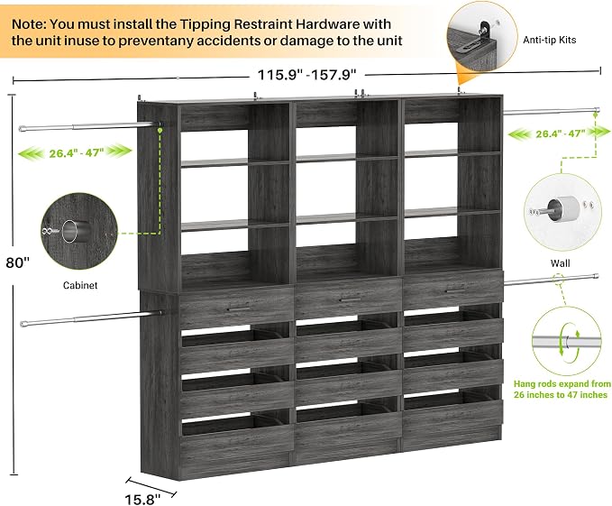 Aheaplus Closet System with 12 Drawers, 8.5-11.5Ft Wood Closet Organizer System with 4 Hanging Rods & 3 Towers, 4Ft & 6Ft L-Shaped Walk-in Closets Wardrobe Organizer Clothes Rack, Set of 3, Black Oak