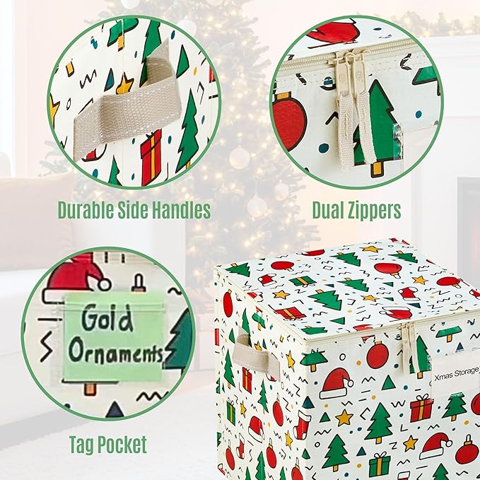VENO 2 Pack Christmas Ornament Storage Box, Stores up to 64 Holiday Ornaments, Adjustable Dividers, Zippered Top, Storage bins with lids for holiday decorations-3 Inch Cube Compartments (Jingle Mix)