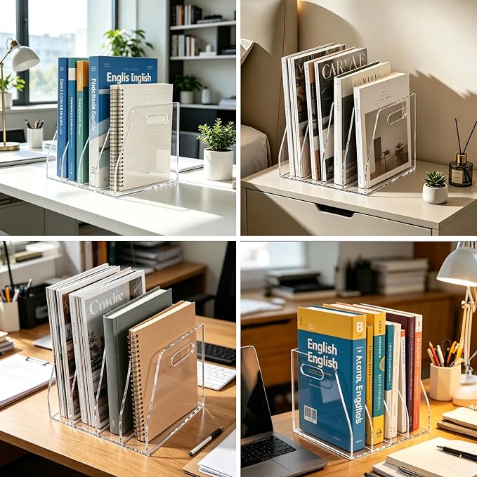 Acrylic Magazine File Holder with Carrying Handle, 4 Vertical Compartments Desk File Organizer, Clear File Sorter for Office, Magazines, Books, B5 Size