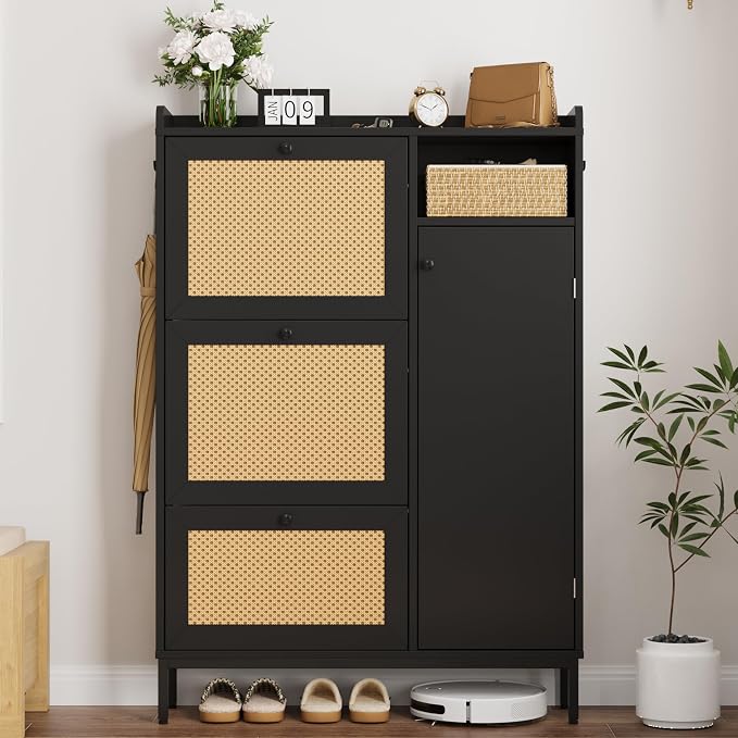 Garvee Shoe Cabinet with 3 Flip Drawers and 4-Tier Shoe Storage Cabinet, Freestanding Shoe Organizer with Adjustable Shelf and Rattan Doors for Entryway, Closet, Hallway