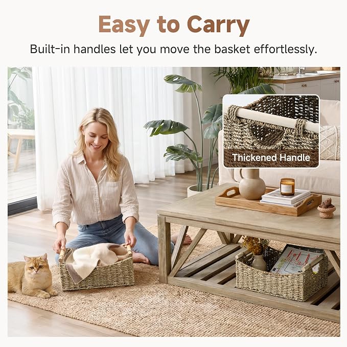 StorageWorks Large Wicker Baskets for Organizing, Seagrass Storage Baskets with Handles, Woven Baskets for Pantry Storage, 15" x 11" x 6¾", 1-Pack