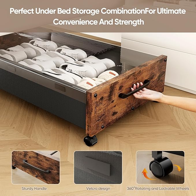 Under Bed Storage with Wheels, Wooden Under the Bed Storage with Remove Lid, Rolling Underbed Storage Drawers, Large Metal Storage Bins for Shoes Blankets Clothes Bedrooms Dorms (Vintage Brown-2pack)