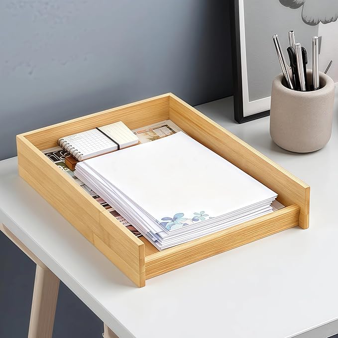 Letter Tray - Paper Organizer for Office Desk, Document Holder Desk Organization for Magazine File Folder Mail & Bill, Stackable Paper Trays - Natural