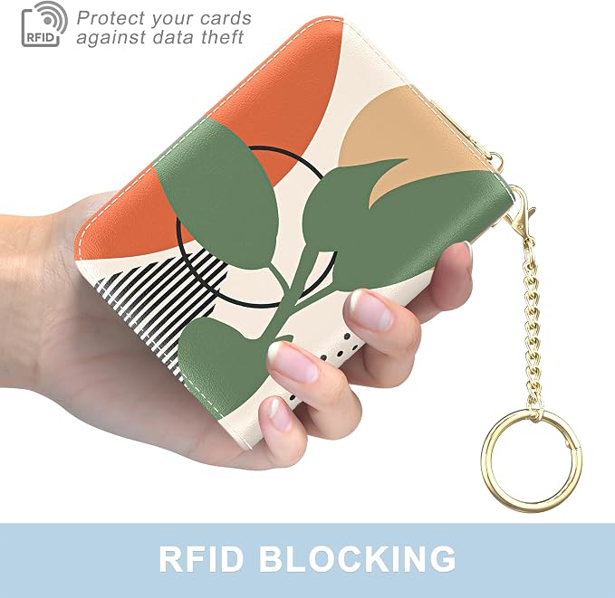 Aiawoxc Credit Card Holder, Small RFID Wallet Slim Leather Card Organizer Case with Zipper and Wristlet Strap, Tropical Plants