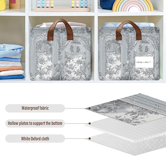 Vintage French Floral Classic Blue Storage Basket Foldable Cube Storage Bins with Handles&Labels Collapsible Organizer Box Bin Large Rectangle Decorative Baskets for Shelves Home Room Laundry