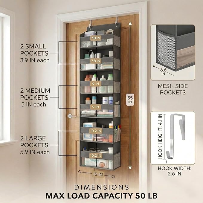 HOMELUX THEORY UPGRADED 6 Tiers Over The Door Organizer Hanging - 100D EXTRA THICK & 50lbs HUGE CAPACITY, 12 Side Mesh Pockets Over The Door Shoe Organizer, Hanging Closet Organizer (Dark Gray, 1pc)
