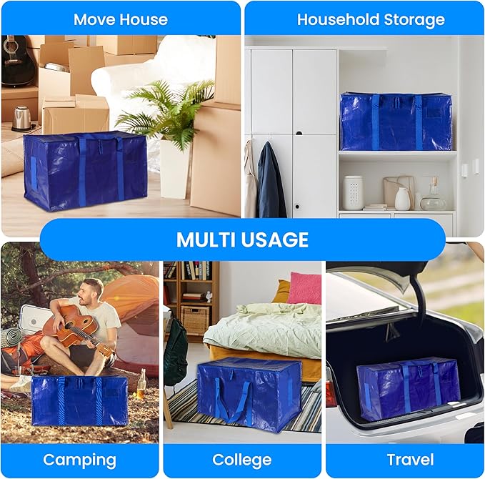 Simple Deluxe 10 Pack Moving Bags, Heavy Duty Storage Totes with Lids, Sturdy Handles& Zipper, Moving Boxes Alternative, Extra Large, for Clothes Packing, Moving Supplies, Blue