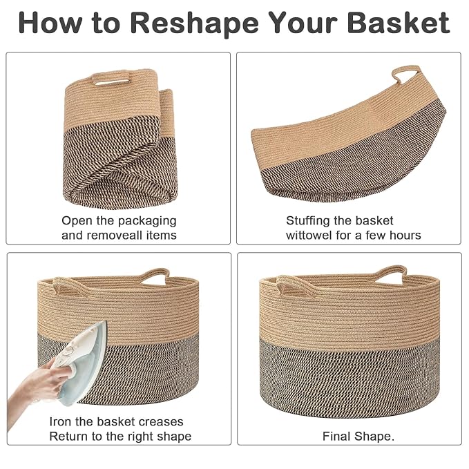 65L Large Blanket Basket,Woven Rope Laundry Basket Hamper with Handles,Decorative Nursery Basket Storage Bin for Toys, Pillows , Clothes Organizer, Living Room, Bedroom, Bathroom, Black&Camel
