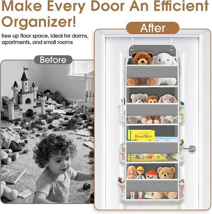 WISELIFE Over The Door Organizer Storage with 4 Large Pockets Door Hanging Organizer with Clear Windows behind The Door Storage for Nursery Bedroom Bathroom Pantry Closet and Baby Essentials Grey