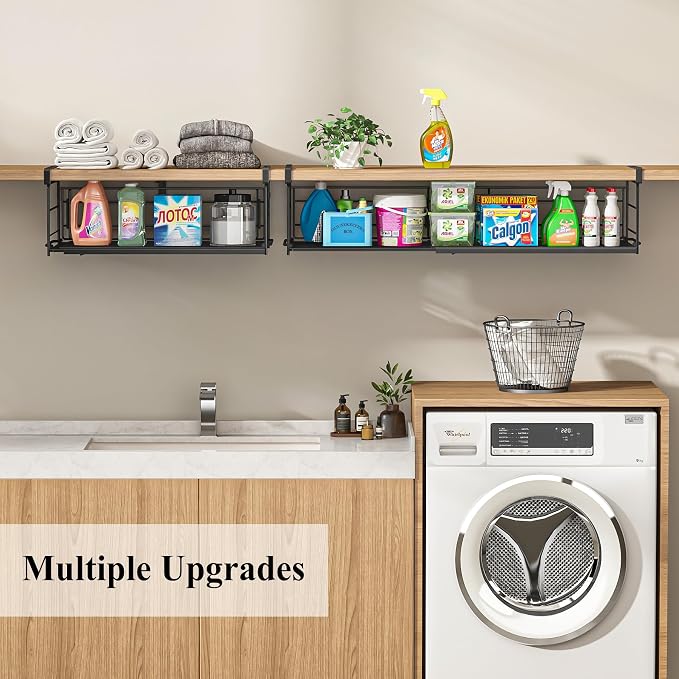 Expandable Under Cabinet Shelf, Extendable Under Shelf Storage with Removable Wire-Like Back for Pantry Cabinet, Laundry Room, Shoe Rack. (Black, 2 Pack, Interior: 5" H x 10" D)