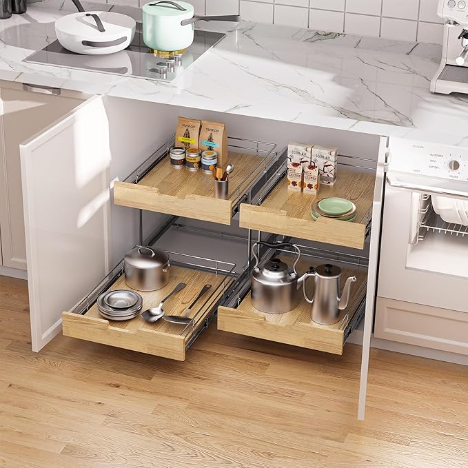 Sikarou Pull Out Cabinet Organizer,Heavy-Duty Slide Out Shelf, Wood and Wire Basket, Pull Out Drawer for for Kitchen Under Sink Space, Pantry, Bathroom, 2 Tie 23 * 21 in